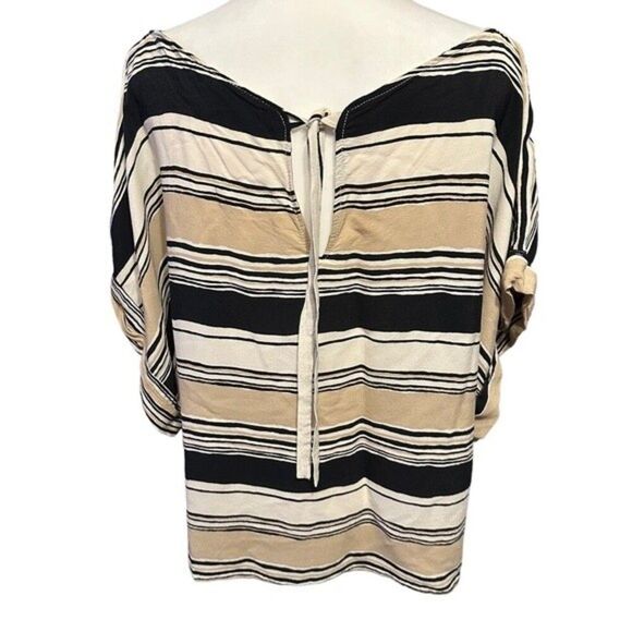 Zara Tan Beige White Black Stripe Tie Back Top Blouse Shirt Sz L - Picture 5 of 7